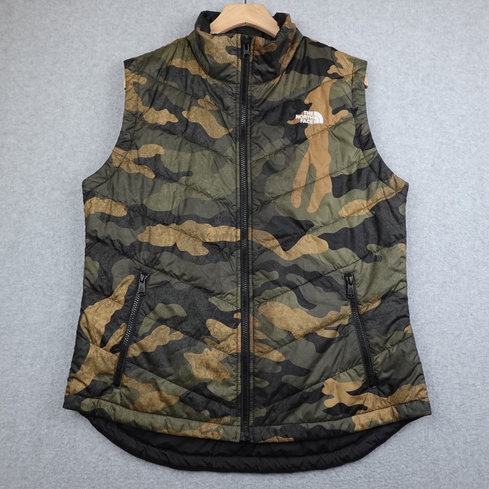 North Face Tamburello Camo Puffer Vest Womens Large Olive Quilted Full Zip Cozy